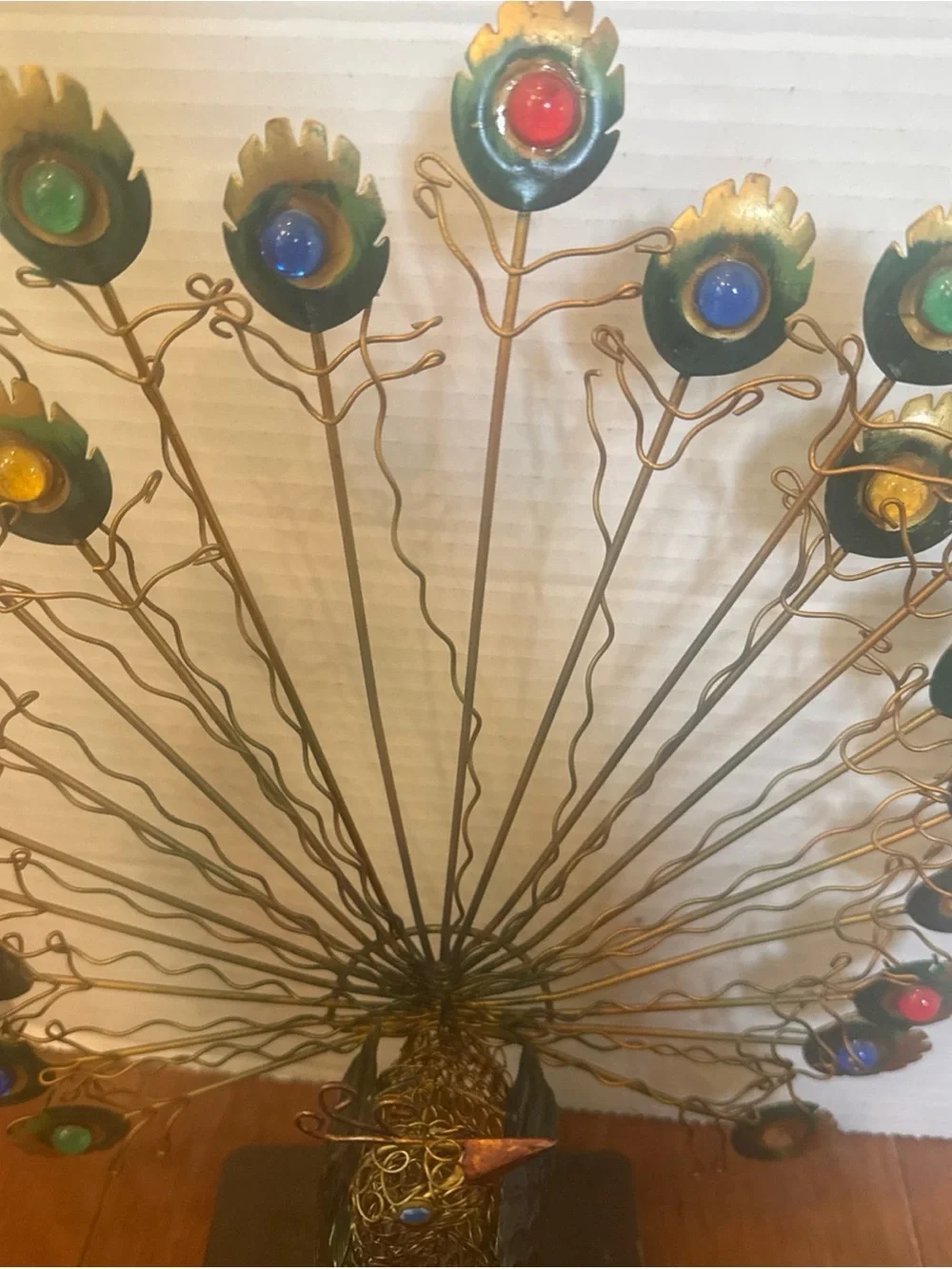 VTG MCM Metal Wire Peacock Sculpture Set 2pc Pier 1 Multicolor Gems Jewels Boho